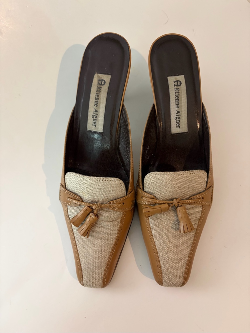Etienne Aigner Women's Tan Leather & Cream Fabric Slip-On Mules Size 8